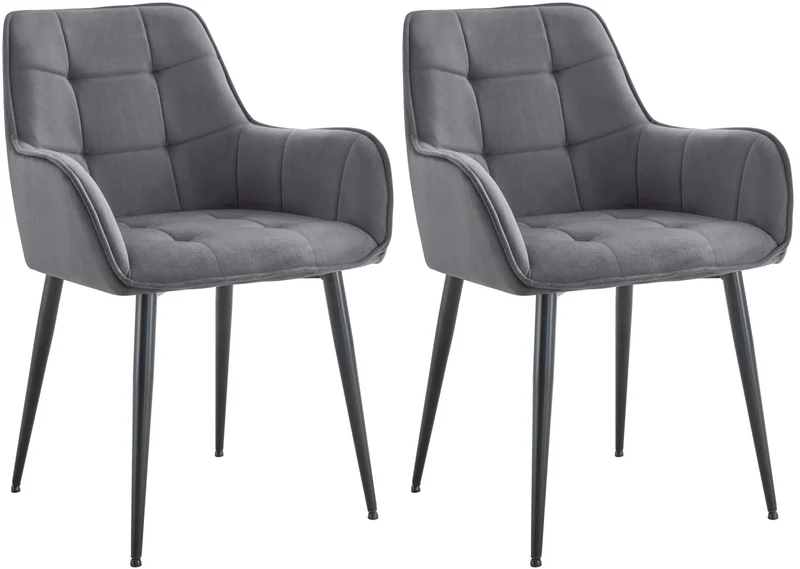 Lot de 2 chaises de salle à manger avec accoudoirs en velours gris foncé capitonné cadre métal noir 10_0007483