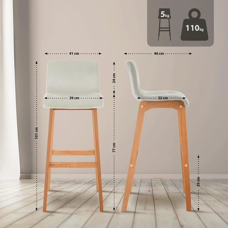 Tabouret de bar x1 piètement à 4 pieds en bois assise en velours crème style scandinave 10_0005830