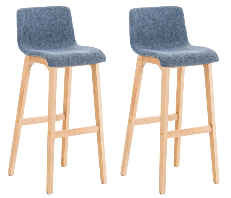 Lot de 2 tabourets de bar design avec structure de 4 pieds en bois et assise en tissu bleu 10_0004209