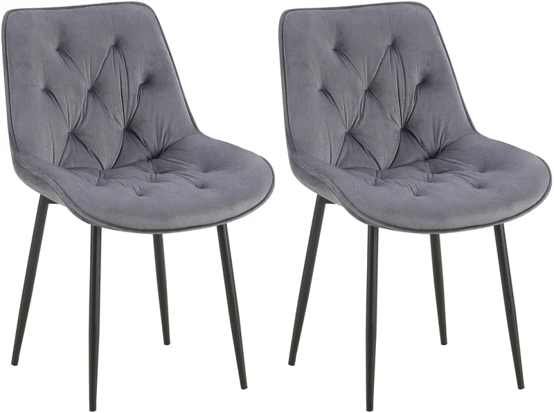 Lot de 2 chaises de salle à manger assise et dossier capitonné en velours gris foncé et métal noir 10_0007321