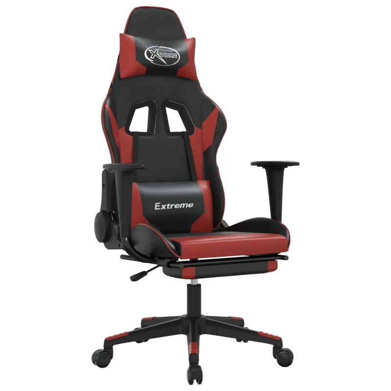Fauteuil de bureau chaise gaming avec coussin lombaire fonction de massage repose-pieds en PVC rouge et noir DEC025937