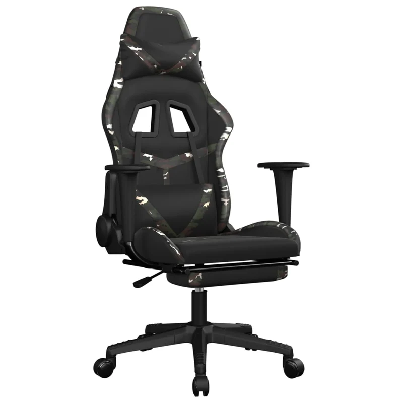 Fauteuil de bureau chaise gaming avec coussin lombaire repose-pied noir camouflage PVC multicolore DEC025945