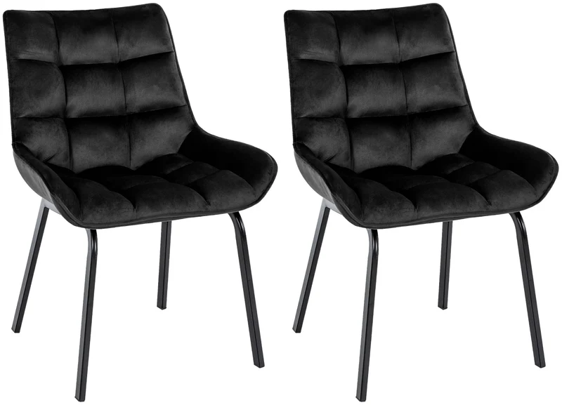 Lot de 2 chaises de salle à manger en velours noir généreusement rembourrée piètement en métal noir 10_0007510