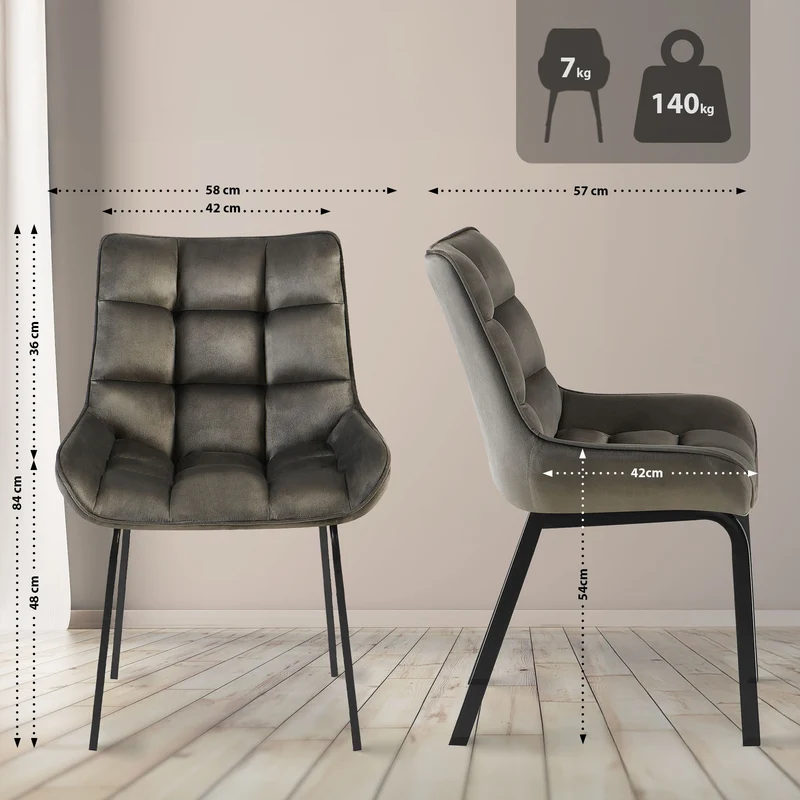 Chaise de salle à manger x1 en velours anthracite généreusement rembourrée piètement en métal noir 10_0007373
