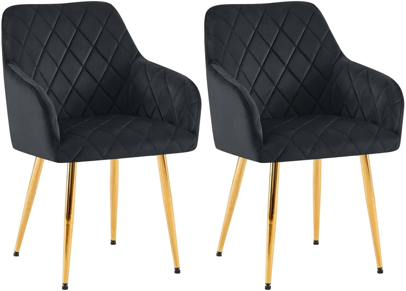 Lot de 2 chaises de salle à manger en velours noir avec coutures décoratives en losange chic et contemporain 10_0007857