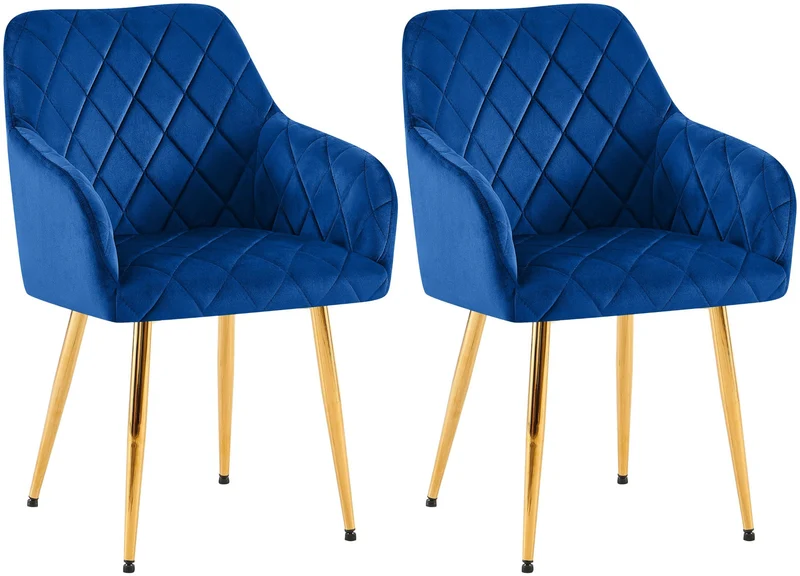 Lot de 2 chaises de salle à manger en velours bleu avec coutures décoratives en losange chic et contemporain 10_0007856