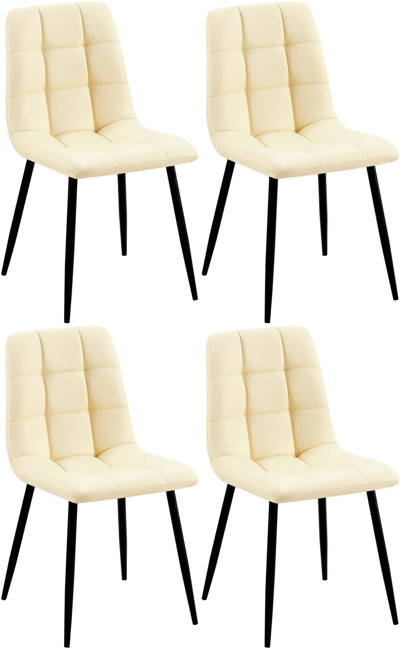 Lot de 4 chaises de salle à manger coutures forme carrées en PVC crème pieds en métal noir 10_0007556