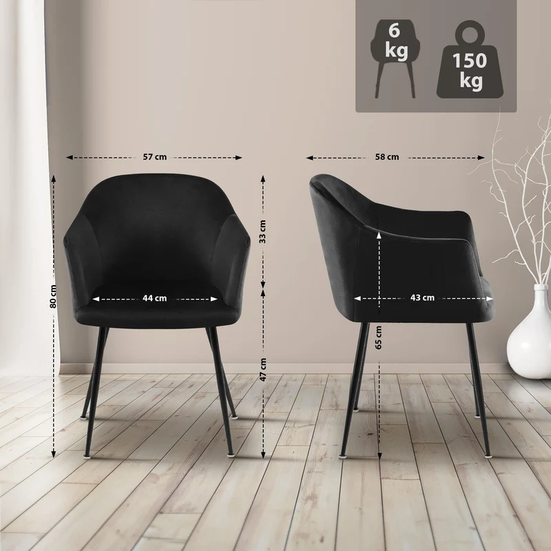 Chaise de salle à manger en velours noir avec dossier arrondi et pieds métal noir moderne et intemporel 10_0007372
