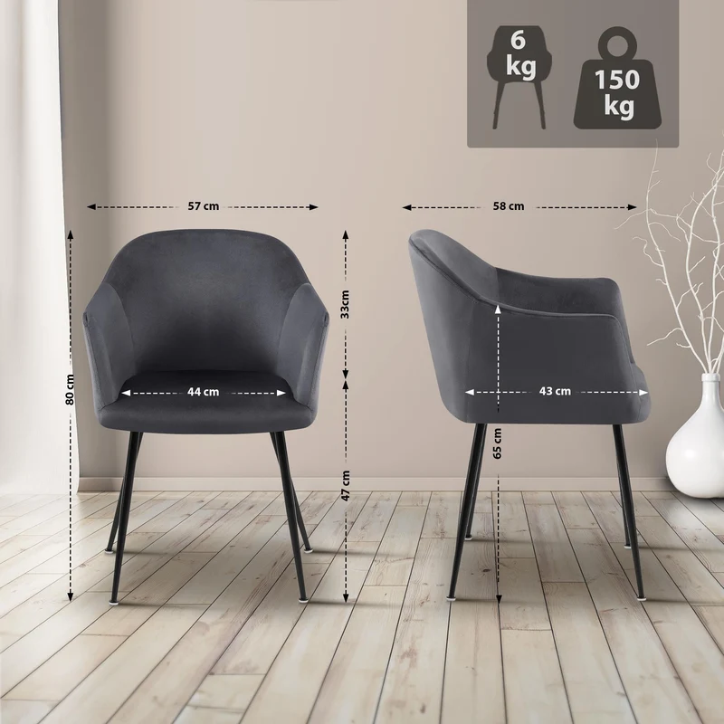 Chaise de salle à manger en velours gris foncé avec dossier arrondi et pieds métal noir moderne et intemporel 10_0007363