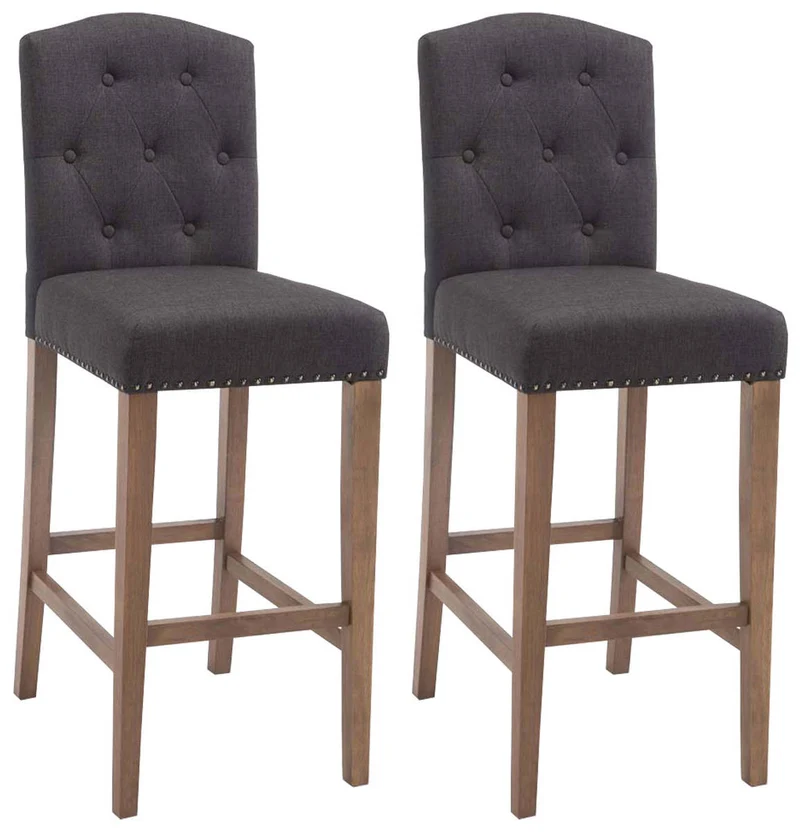 Lot de 2 tabouret de bar capitonné style baroque en tissu gris foncé pieds en bois clair 10_0000726