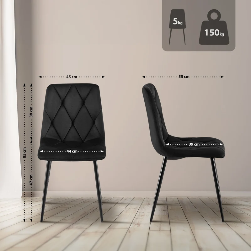 Lot de 2 chaises de salle à manger design moderne surpiqûres en losange velours noir et cadre métal noir 10_0007317