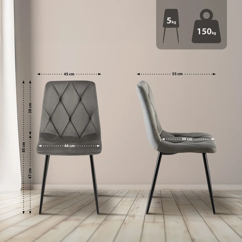 Lot de 2 chaises de salle à manger design moderne surpiqûres en losange velours anthracite et cadre métal noir 10_0007314