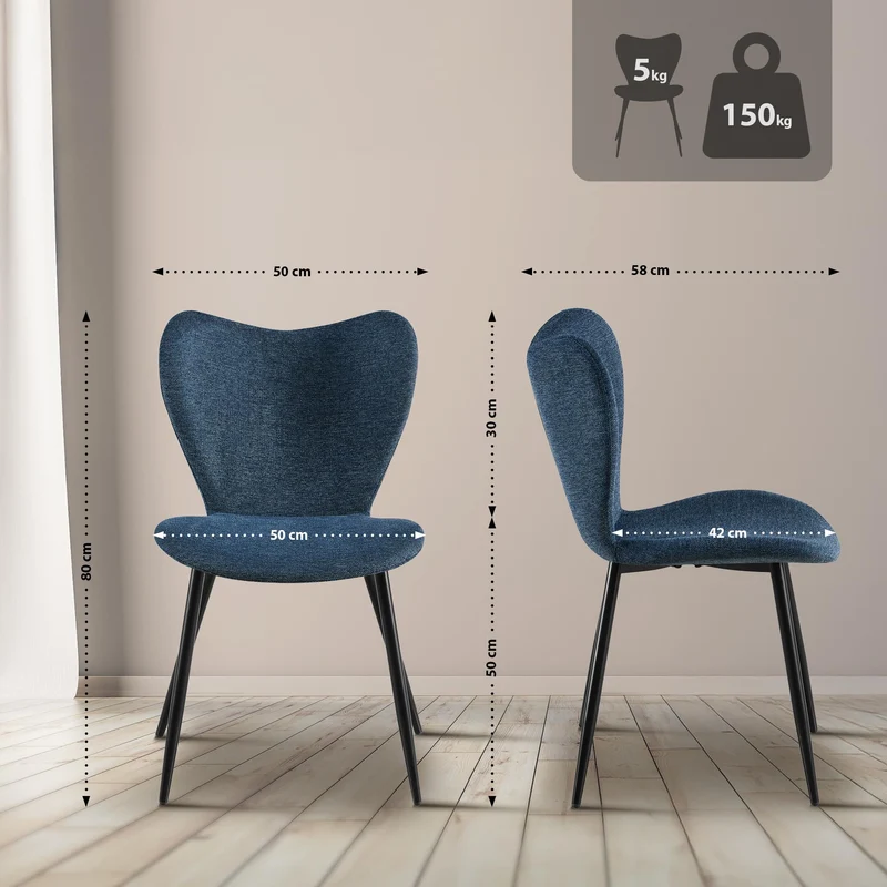 Chaise de salle à manger x1 dossier forme arrondie en papillon en tissu bleu cadre à quatre pieds en métal noir 10_0007515