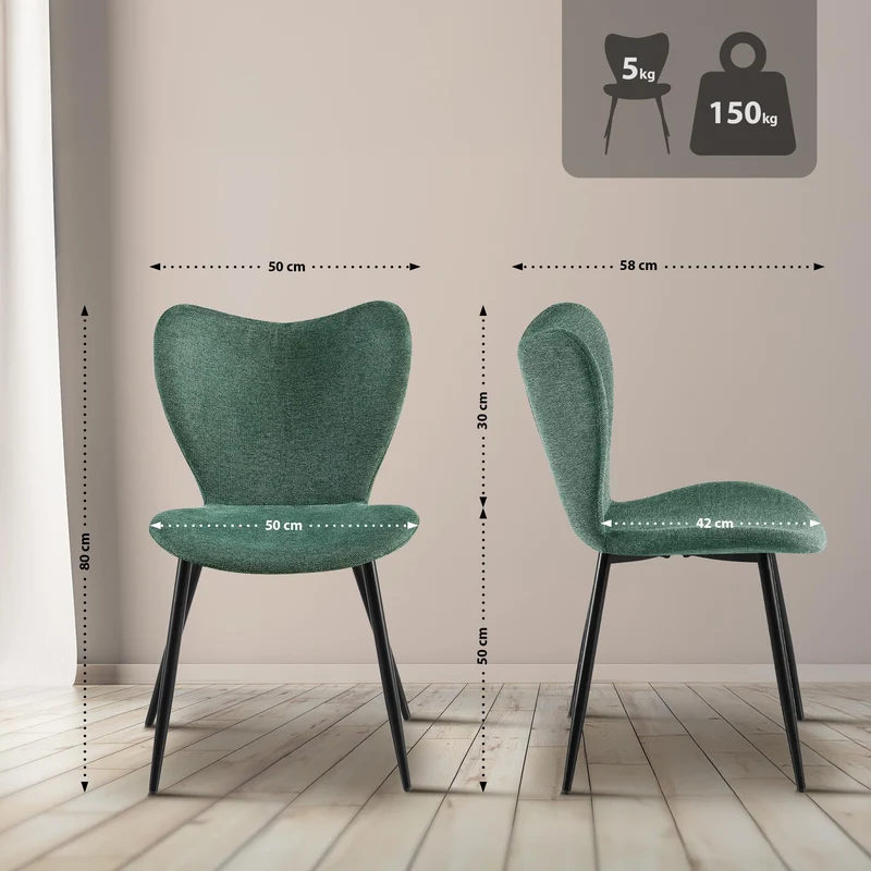 Chaise de salle à manger x1 dossier forme arrondie en papillon en tissu vert cadre à quatre pieds en métal noir 10_0007514