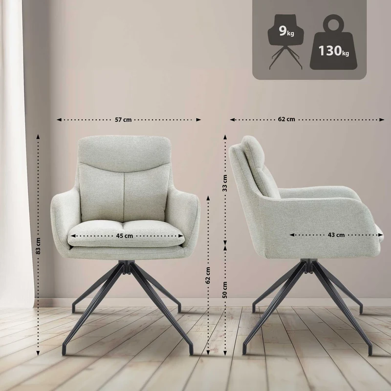 Chaise de salle à manger x1 avec accoudoirs assise fonction pivotante en tissu crème 10_0007400