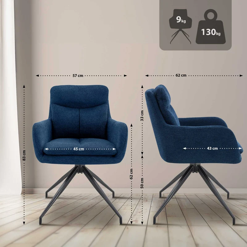 Lot de 2 chaises de salle à manger avec accoudoirs assise fonction pivotante en tissu bleu 10_0007381