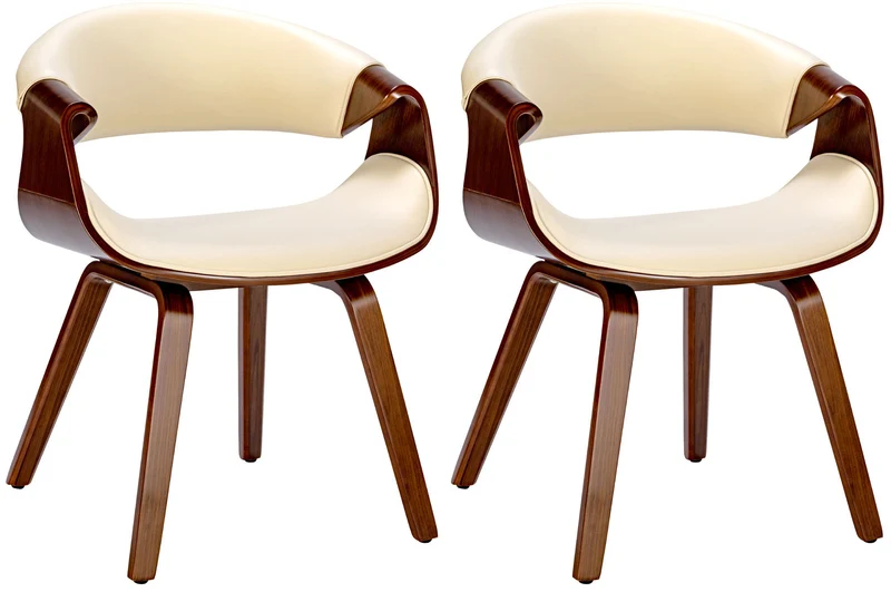 Lot de 2 chaises de salle à manger avec accoudoirs design rétro en PVC crème et bois marron 10_0007343