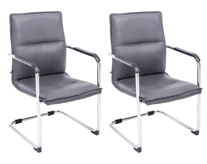Lot de 2 chaises de bureau fauteuil visiteur avec accoudoirs en PVC gris et métal aspect chromé 10_0007555