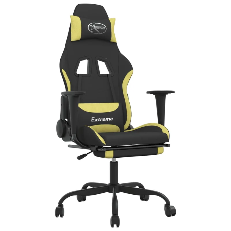Fauteuil de bureau chaise gaming avec coussin lombaire fonction de massage avec repose-pieds en tissu noir et vert clair DEC025845