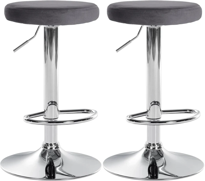 Lot de 2 tabourets de bar avec assise en tissu velours gris foncé et cadre métal chromé TDB10714