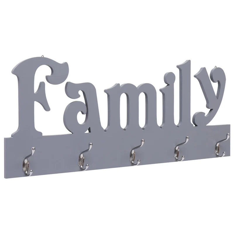 Porte-manteau mural en MDF motif FAMILY Gris avec 5 crochets 74x29,5 cm DEC024225
