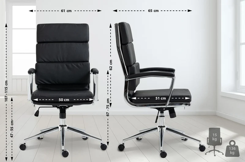 Fauteuil de bureau sur roulettes dossier à triple rembourrage et forme ergonomique en similicuir noir et métal chromé 10_0007015