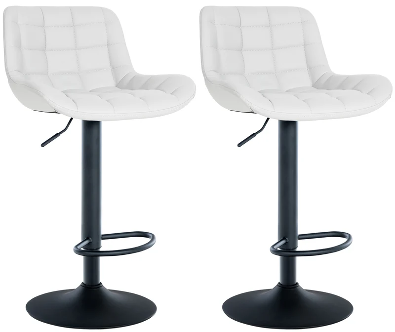 Lot de 2 tabourets de bar en PVC blanc avec surpiqûres décoratives carrées cadre métal noir avec repose-pieds 10_0006453
