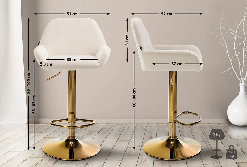 Tabouret de bar x1 avec repose-pieds et dossier bas desig moderne assise en velours crème cadre métal doré 10_0006494