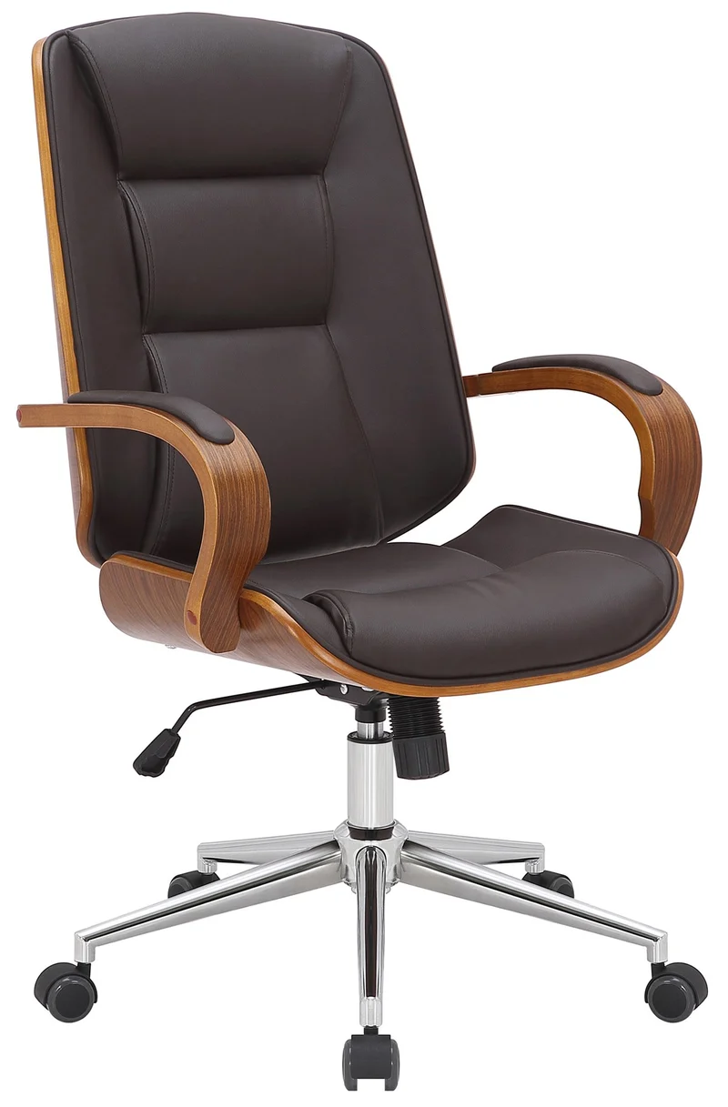 Fauteuil de bureau sur roulettes avec accoudoirs similicuir marron structure en bois courbé et métal 10_0006979