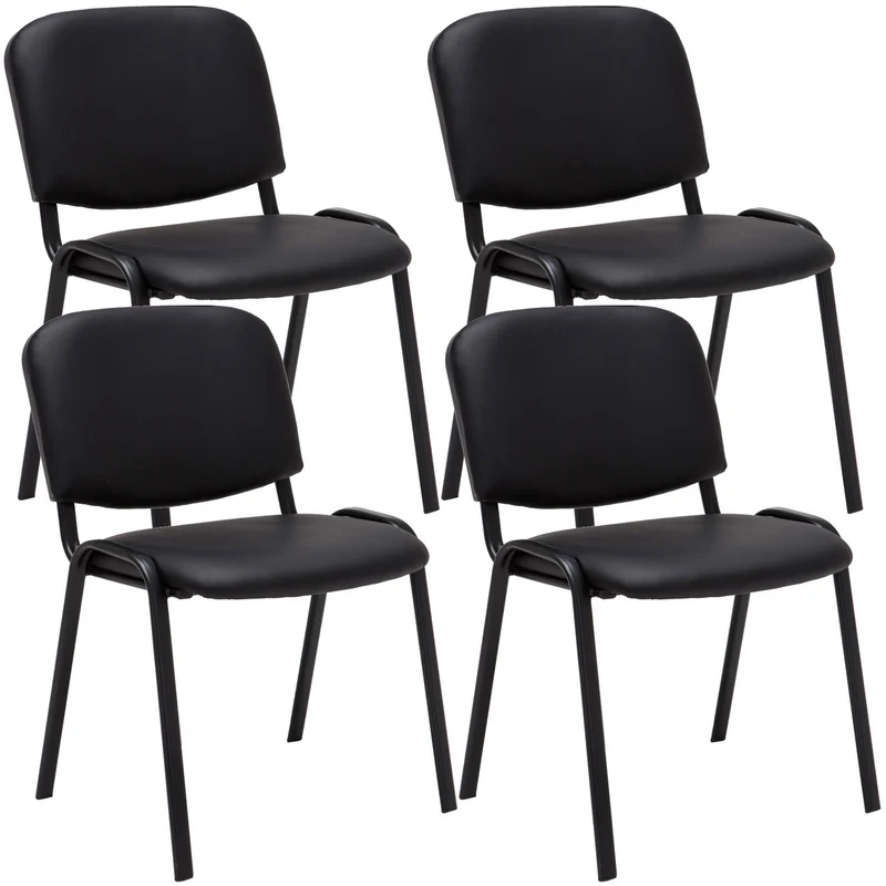 Lot de 4 chaises visiteur empilable zone d'attente en PVC noir piètement à 4 pieds en métal noir 10_0003188
