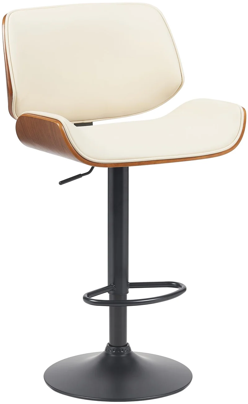 Tabouret de bar x1 style moderne rétro en PVC crème assise en bois courbé couleur noyer cadre métal noir 10_0005846