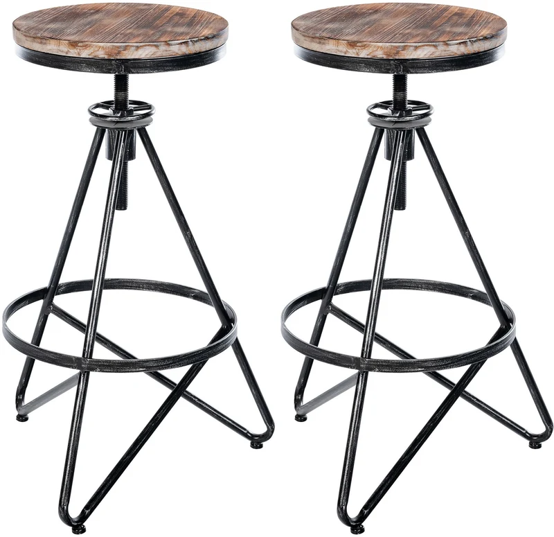 Tabourets de bar x2 réglable en bois massif et métal argenté - Style atelier vintage industriel 10_0006175