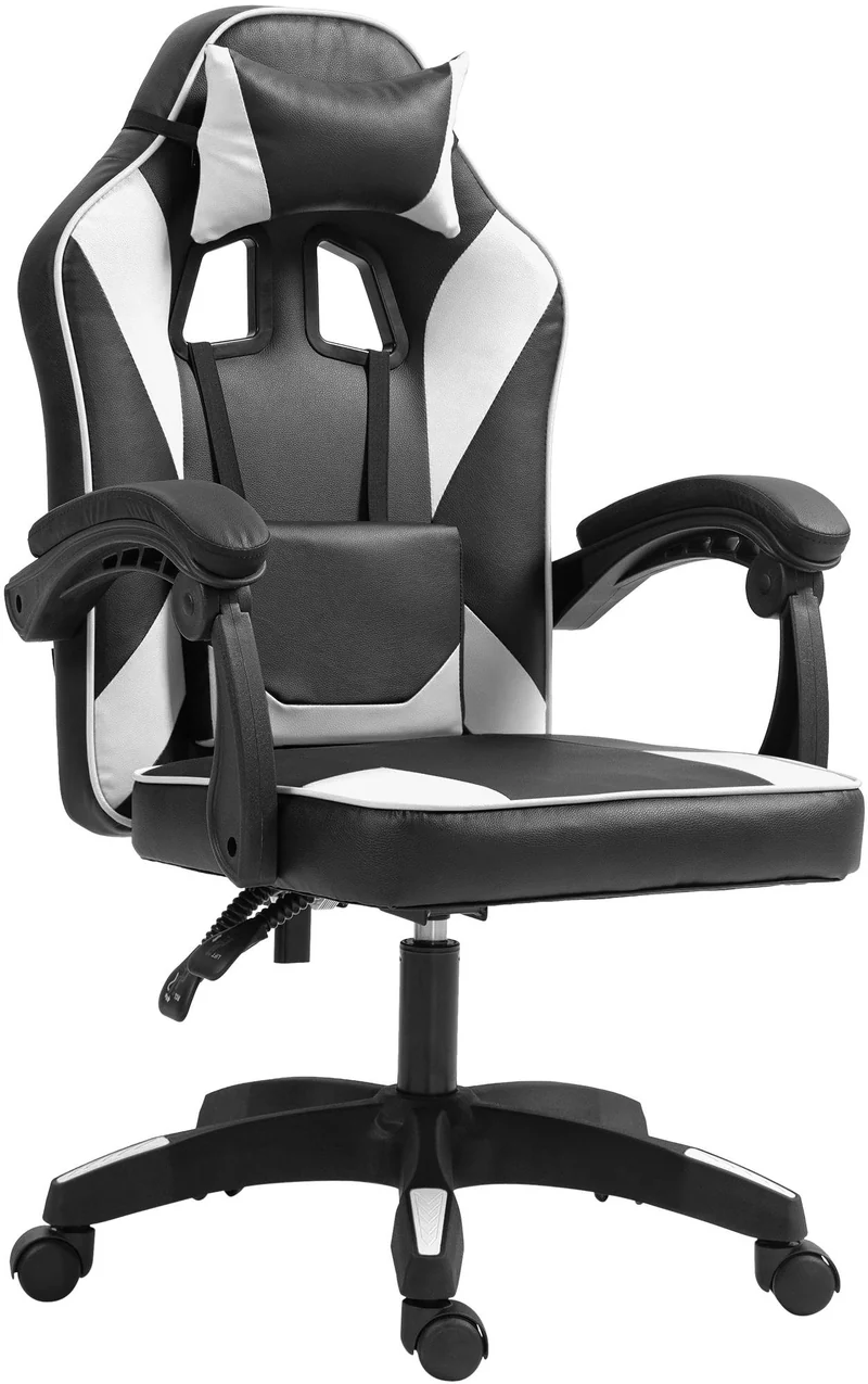 Chaise de bureau gaming dossier inclinable 130° sur roulettes avec accoudoirs en similicuir noir et blanc et plastique 10_0006952