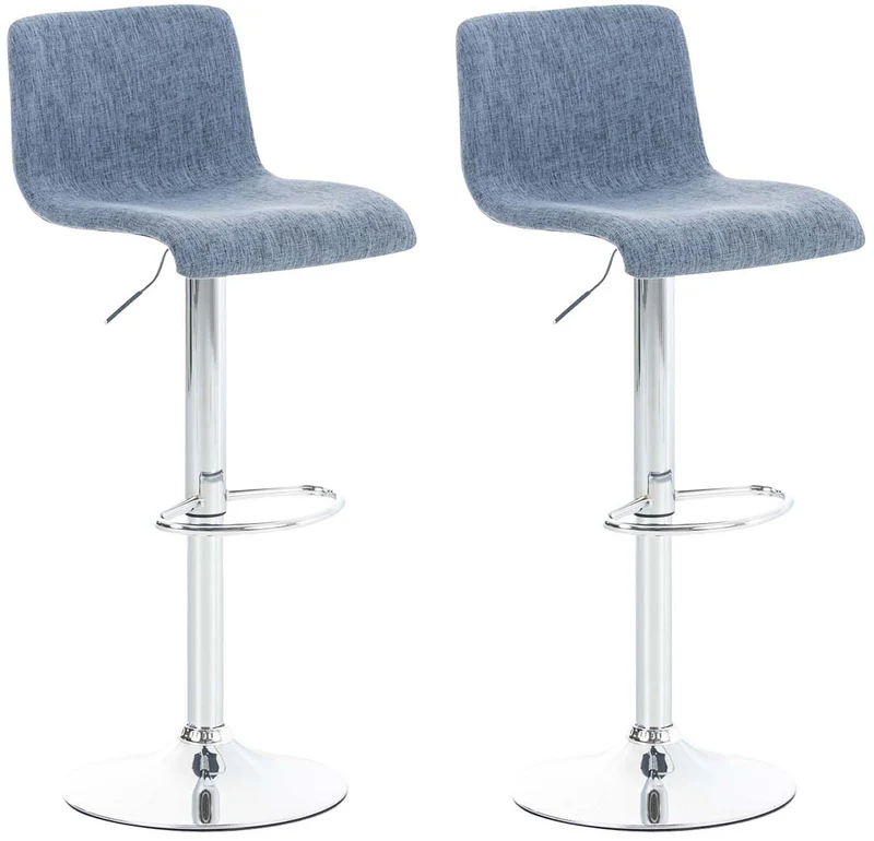 Lotde 2 tabourets de bar avec dossier repose-pieds cadre métal chromé assise tissu bleu 10_0004203