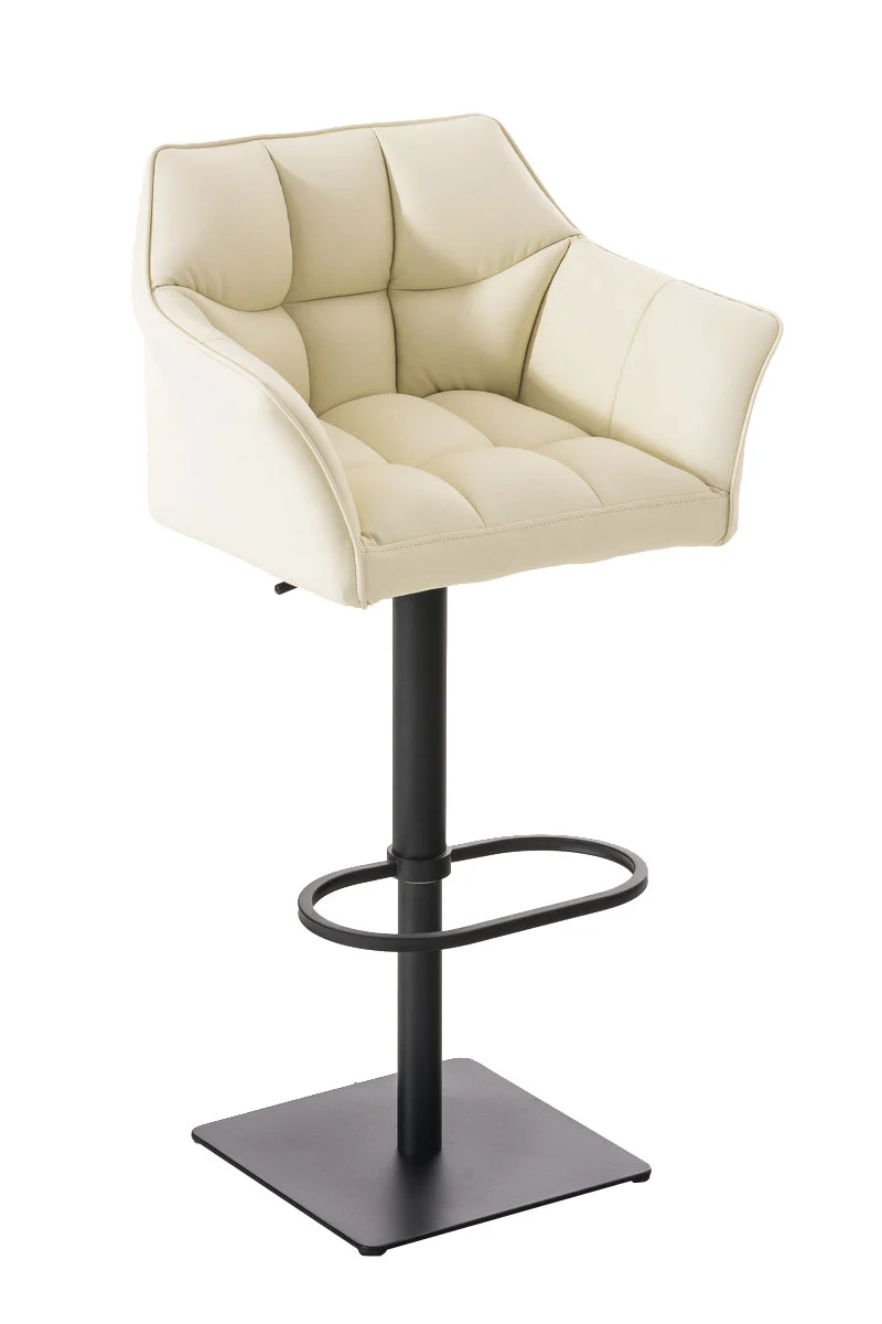 Tabouret de bar chaise haute de comptoir couture carrées assise en PVC crème cadre en métal blanc 10_0004675