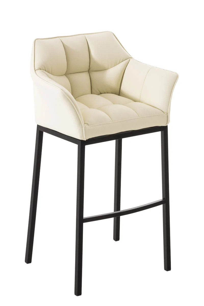 Tabouret de bar chaise haute de comptoir couture carrées assise en PVC crème 4 pieds stables en métal noir 10_0004685