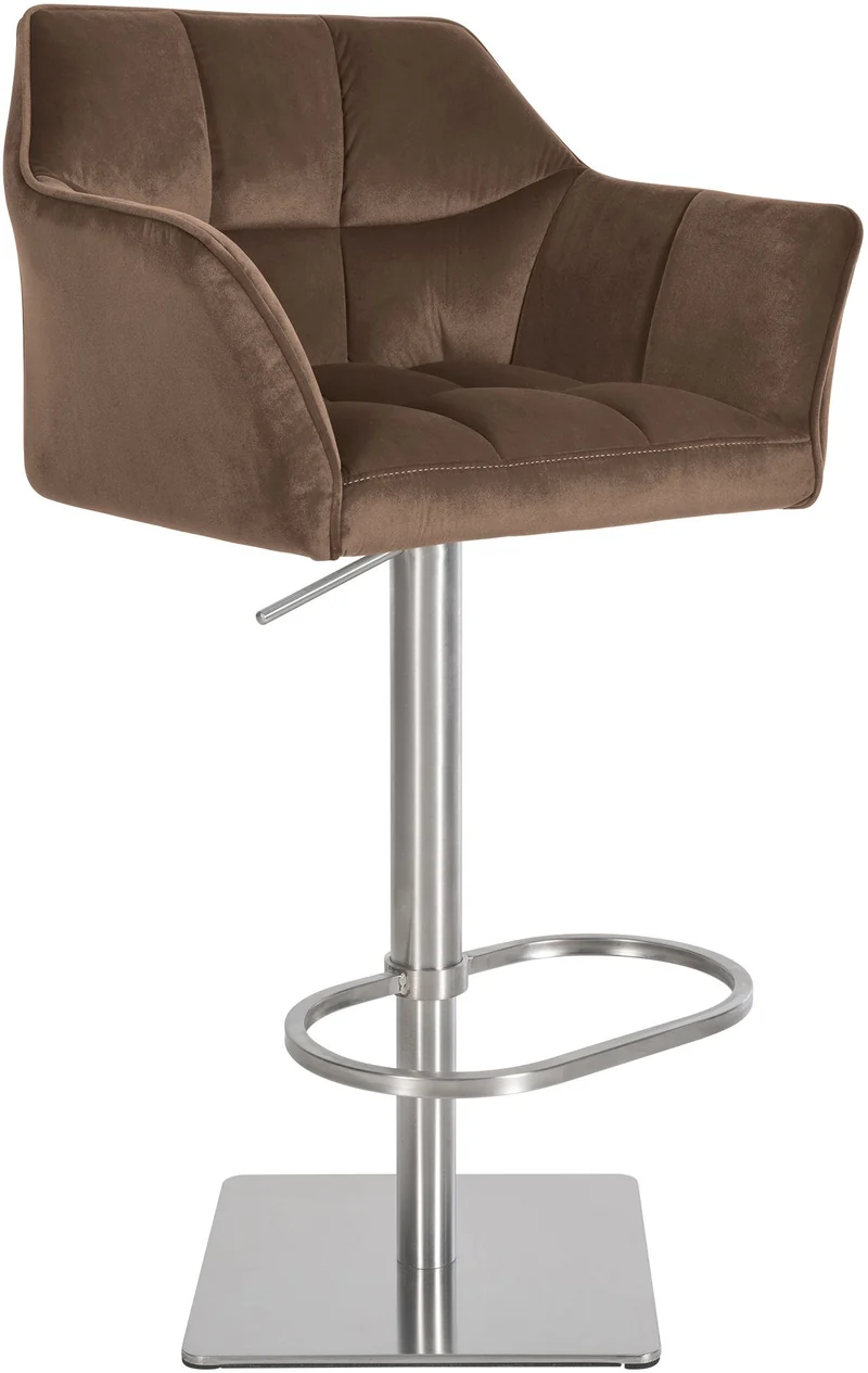 Tabouret de bar x1 réglable en velours marron assise enveloppante capitonnée avec base carrée en acier inoxydable 10_0006459