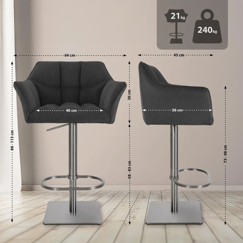 Tabouret de bar x1 réglable en velours côtelé gris foncé assise enveloppante capitonnée et avec base carrée en acier inoxydable 10_0005896