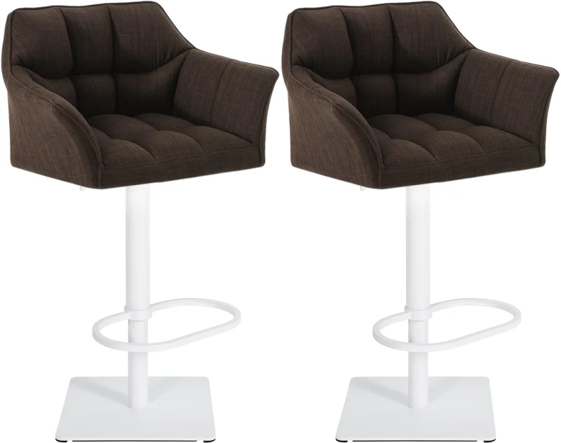 Lot de 2 tabourets de bar réglable en tissu marron assise enveloppante capitonnée et avec base carrée en métal blanc 10_0006769