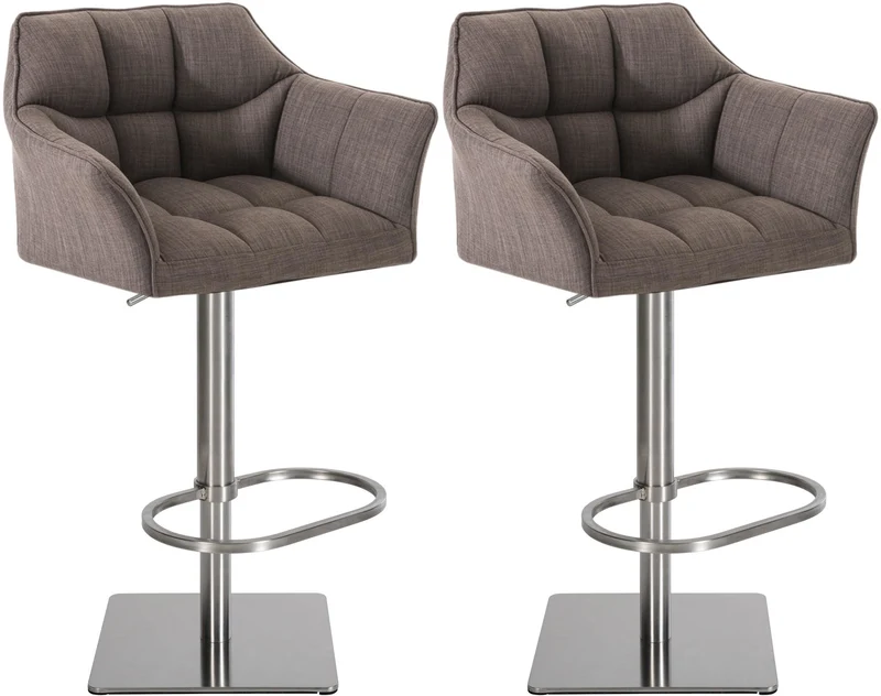 Lot de 2 tabourets de bar réglable en tissu gris assise enveloppante capitonnée et avec base carrée en acier inoxydable 10_0006704