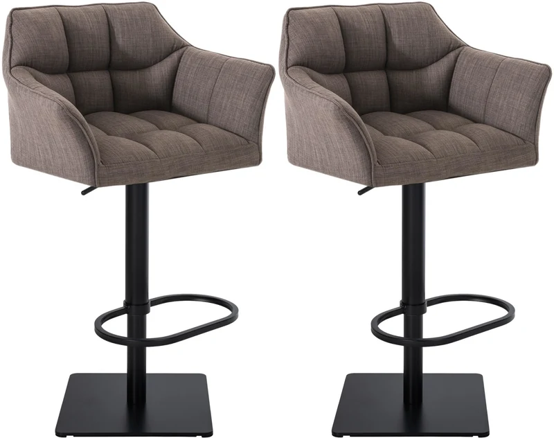 Lot de 2 tabourets de bar réglable en tissu gris assise enveloppante capitonnée et avec base carrée en métal noir 10_0006705