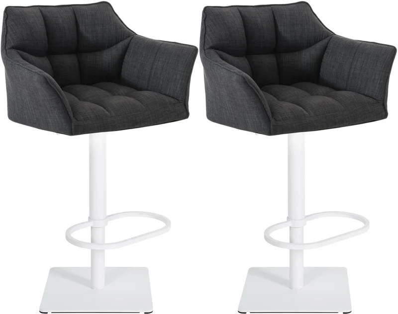 Lot de 2 tabourets de bar réglable en tissu gris foncé assise enveloppante capitonnée avec base carrée en métal blanc 10_0006622