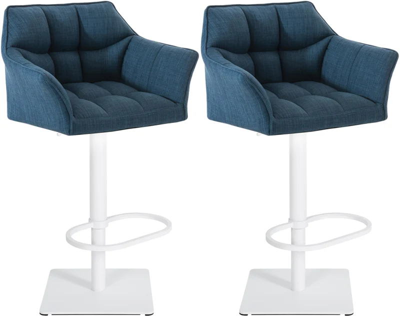 Lot de 2 tabourets de bar réglable en tissu bleu assise enveloppante capitonnée et avec base carrée en métal blanc 10_0006621