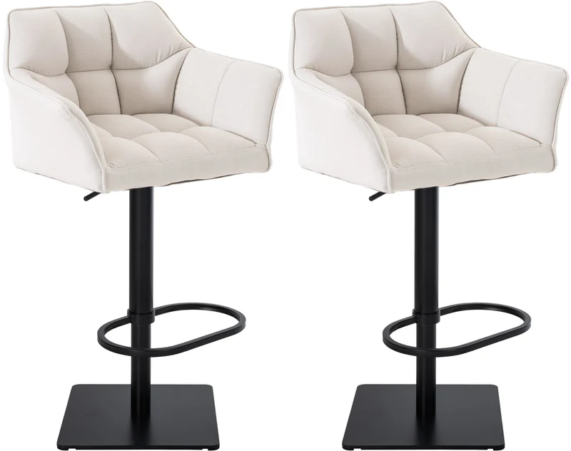 Lot de 2 tabourets de bar réglable en tissu blanc assise enveloppante capitonnée avec base carrée en métal noir 10_0006796