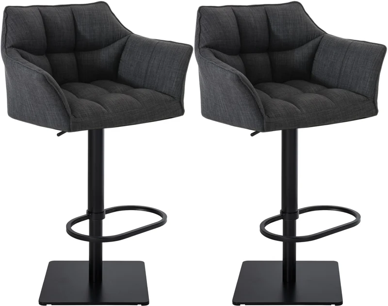 Lot de 2 tabourets de bar réglable en tissu gris foncé assise enveloppante capitonnée avec base carrée en métal noir 10_0006019