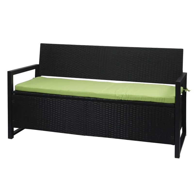 Banquette coffre de jardin 3 places en polyrotin anthracite avec compartiment de rangement coussin vert 04_0005804