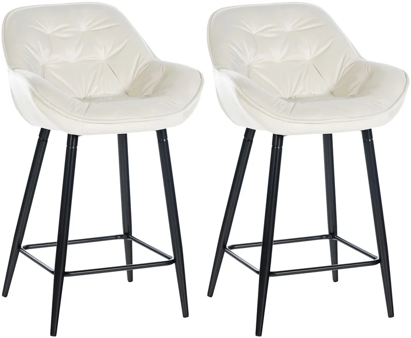 Lot de 2 tabourets de bar moderne en velours crème assise enveloppante capitonnée pieds métal noir 10_0006242