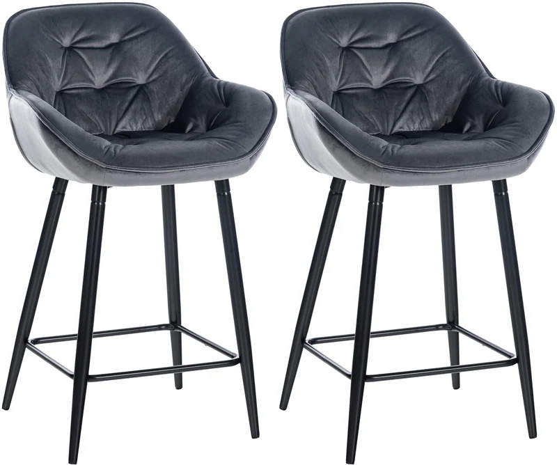 Lot de 2 tabourets de bar moderne en velours gris foncé assise enveloppante capitonnée pieds métal noir 10_0006052
