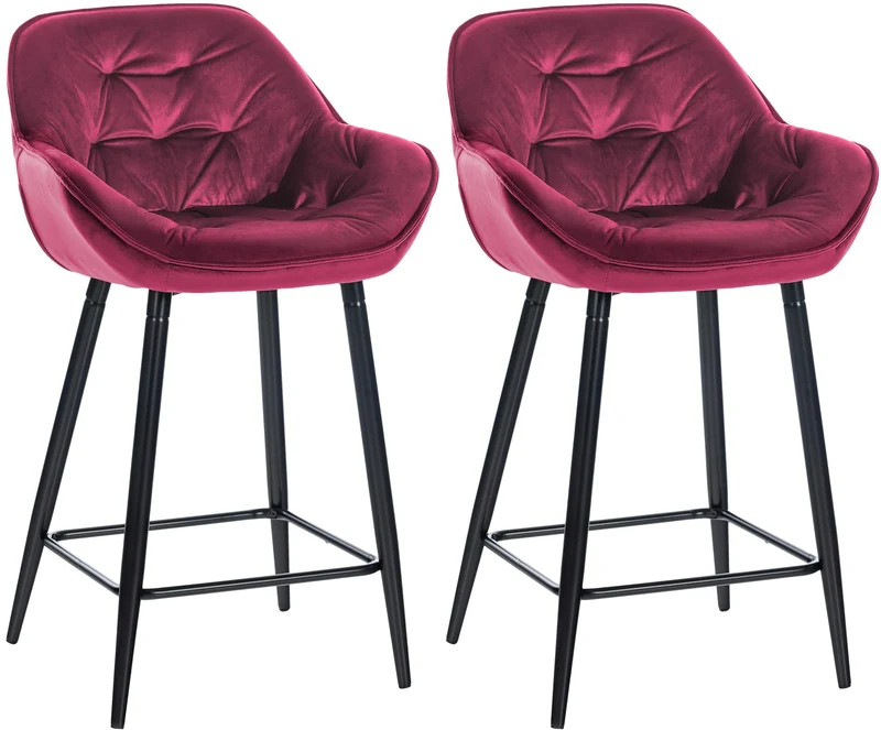 Lot de 2 tabourets de bar moderne en velours rouge bordeaux assise enveloppante capitonnée pieds métal noir 10_0006031