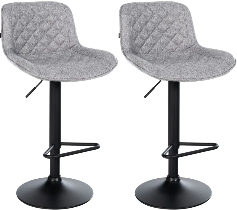 Lot de 2 tabourets de bar repose-pieds hauteur réglable en tissu gris clair coutures losange cadre métal noir 10_0006232
